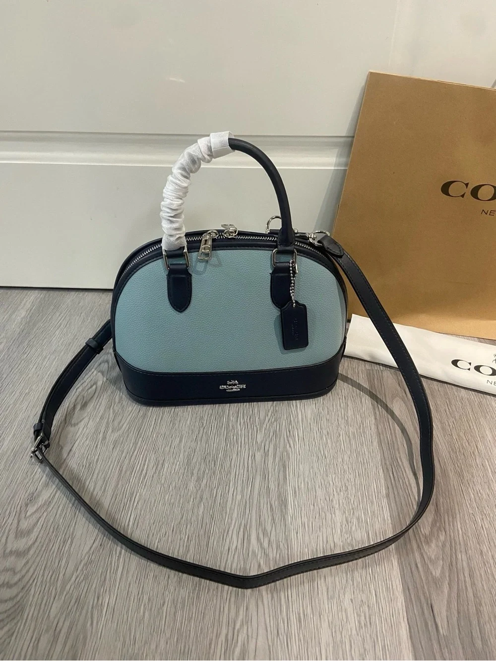 Coach Dome Satchel in Light Blue and Black Pebbled Leather